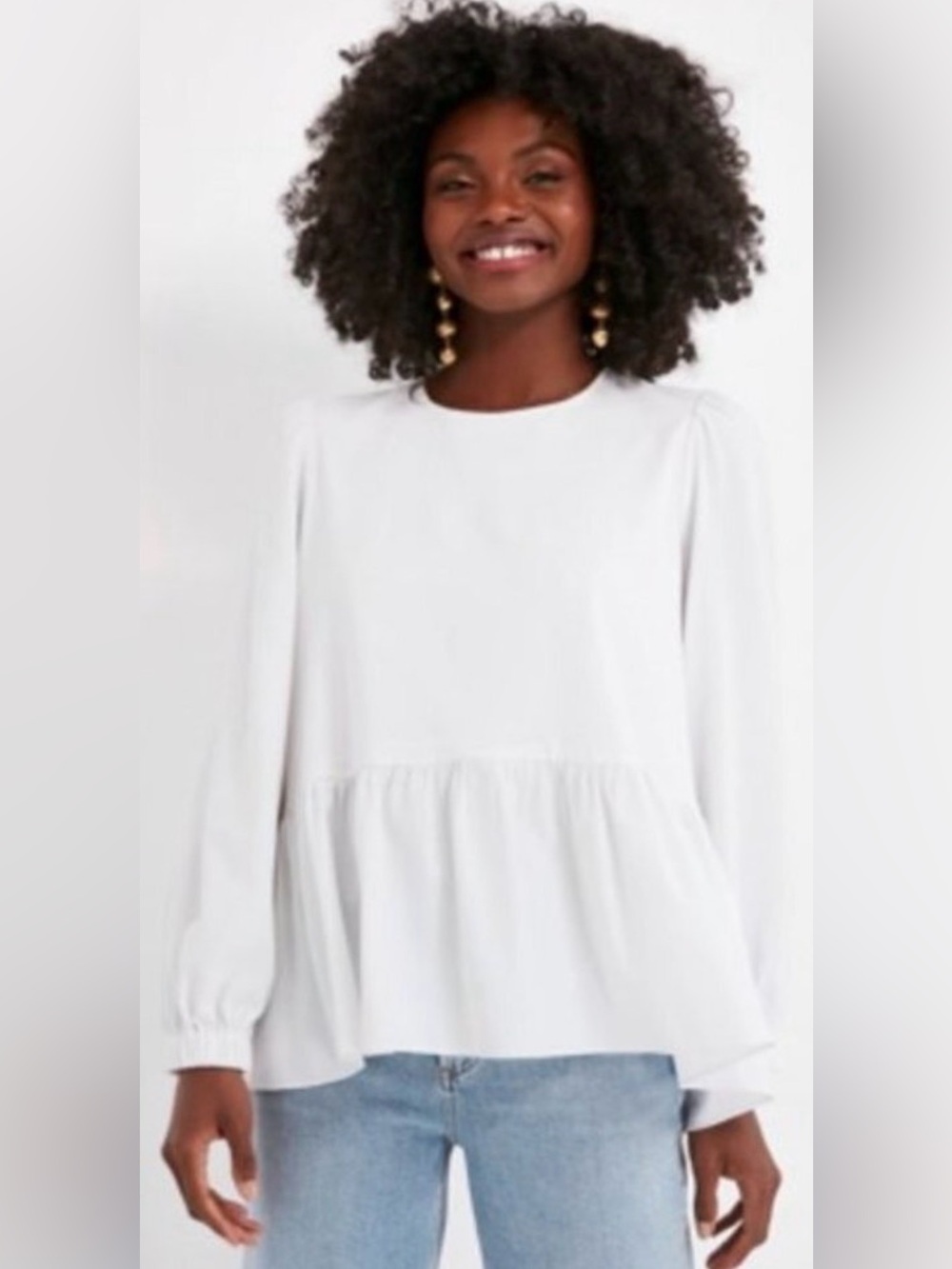 Pomander Place | NEW White Carlota Long Blouson Sleeve Peplum Blouse Size S